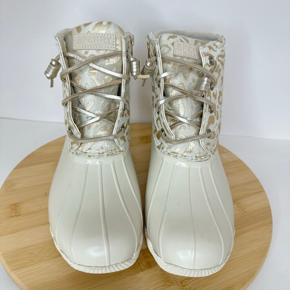 Sperry Top Sider Saltwater Ivory Leopard Duck Boots Snow Rain Waterproof Size 8 - Picture 2 of 7